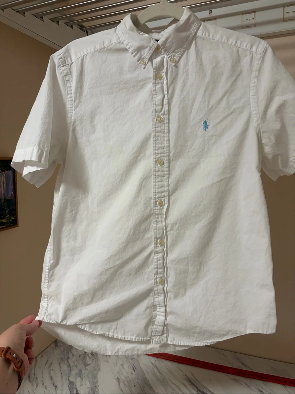 Ralph Lauren White Short-Sleeve Button-Down Shirt with Light Blue Pony